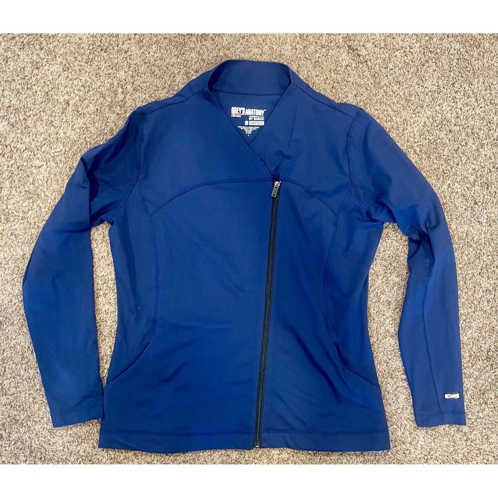 Greys Anatomy Impact Barco Womens Large Scrub Jacket Navy Asymmetric Zip #1040